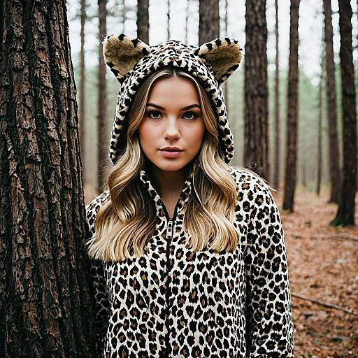Woman in Cozy Leopard Print Costume in Forest