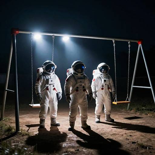 Astronauts Under a Nighttime Swing Set