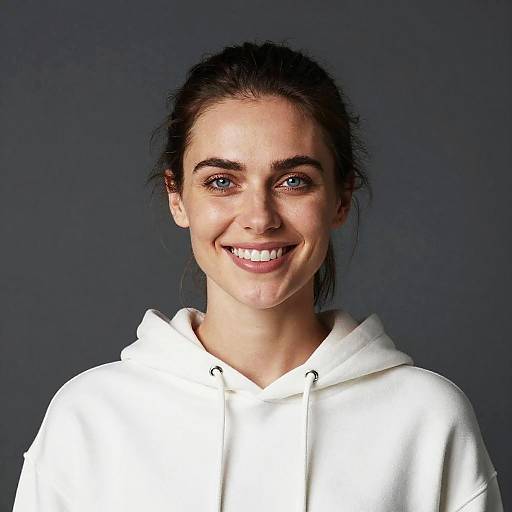 Photograph of a smiling young woman with fair skin, blue eyes, and dark brown hair in a white hoodie against a dark gray background.