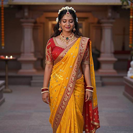 Photograph of an Indian bride in a vibrant yellow and red saree with gold embroidery, adorned with jewelry, floral headpiece, walking confidently in a