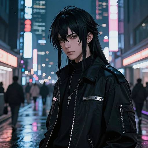 Digital art of a handsome, black-haired anime boy with serious expression, wearing a black jacket, in a neon-lit, rainy city street.