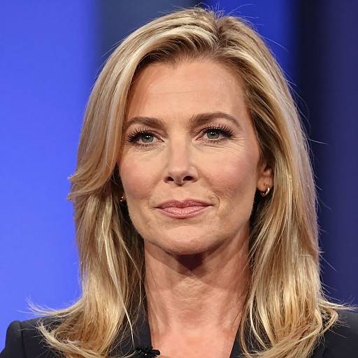 Photograph of a smiling blonde woman with light blue eyes, wearing a black top, against a blue background. She has straight, shoulder-length hair and