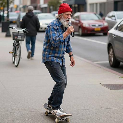 Skateboarding Elder with Microphone in City