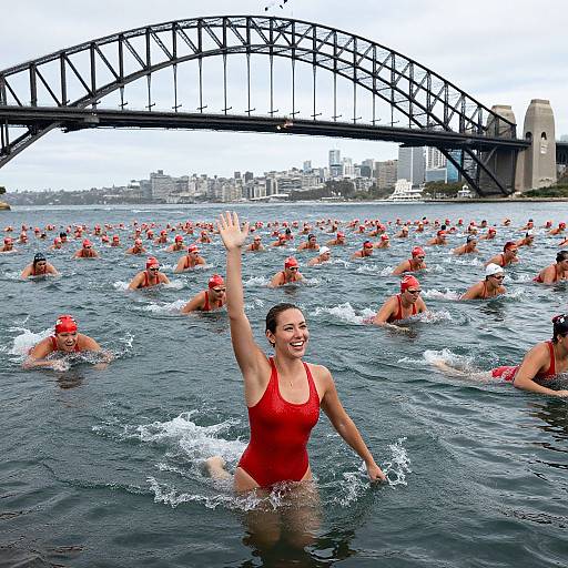 Photograph of a smiling woman in a red one-piece swimsuit, raising her hand, surrounded by many swimmers in red caps, under Sydney Harbour