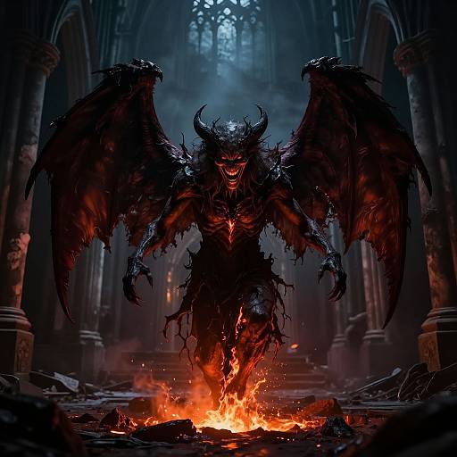 Digital artwork of a dark, demonic figure with large black wings, glowing red eyes, and sharp horns emerging from a fiery pit in a gothic,