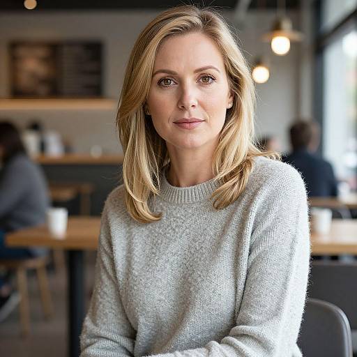 Photograph of a fair-skinned, blonde-haired woman with blue eyes, wearing a light gray knit sweater, sitting in a modern, dimly-l