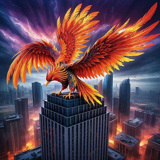 Epic Phoenix Soaring Above Skyscraper Epic Phoenix Soaring Above Skyscraper