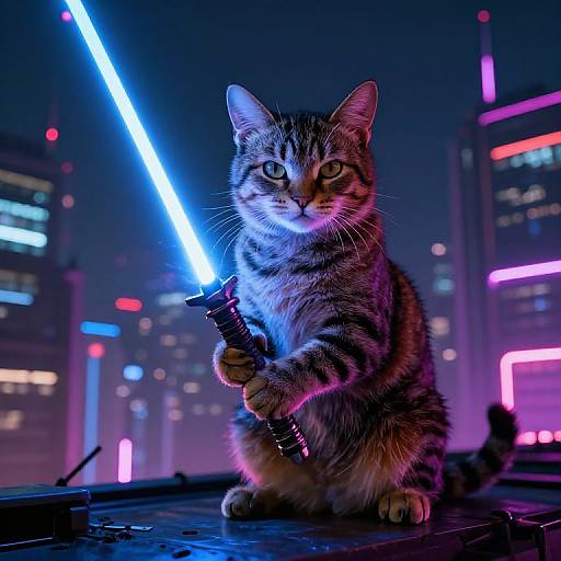 Photograph of a tabby cat holding a glowing blue lightsaber, sitting on a dark surface in a neon-lit cityscape.