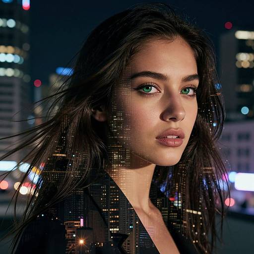 Digital portrait of a beautiful young woman with green eyes, dark wavy hair, and glowing skin, standing in a city night scene with blurred colorful lights