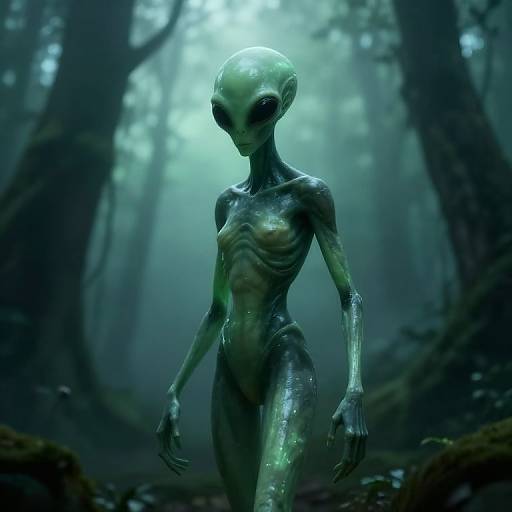 Digital artwork of a slim, green-skinned, alien humanoid with large, black eyes standing in a misty, dark forest. The creature's smooth