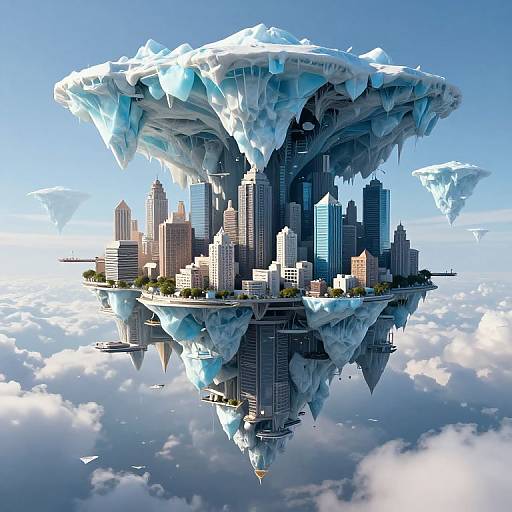 Photorealistic CGI of a floating, ice-encrusted cityscape with skyscrapers, reflecting on a cloud-filled sky, resembling a futuristic