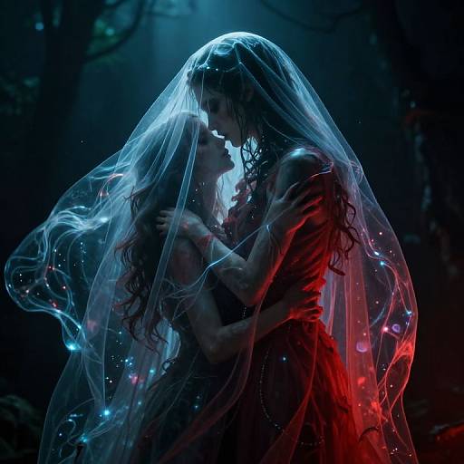 Photograph-style digital artwork of a couple kissing under a glowing, translucent veil with blue and red lights, set in a dark, mystical forest.