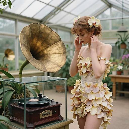 Vintage-style photograph of a fair-skinned woman with brown hair, adorned in a floral dress, standing in a greenhouse, listening to a large brass gram