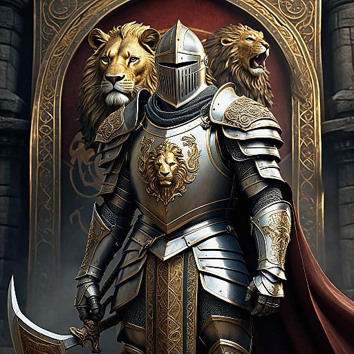 Golden Armored Knight with Lion Banner