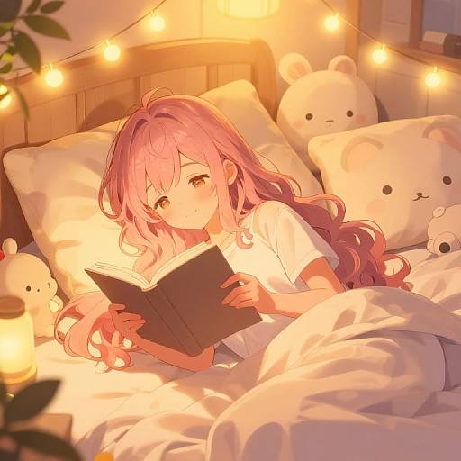 Anime-style digital drawing of a pink-haired girl with long wavy hair, lying in bed reading a book under warm string lights. Surrounding her are