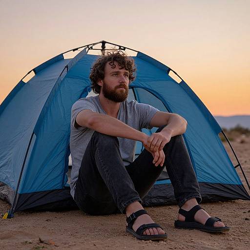 Bearded Man at Sunset Camping