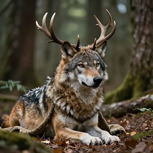 Photograph of a majestic wolf with large antlers lying in a forest, showcasing its thick, multi-colored fur and intense gaze.