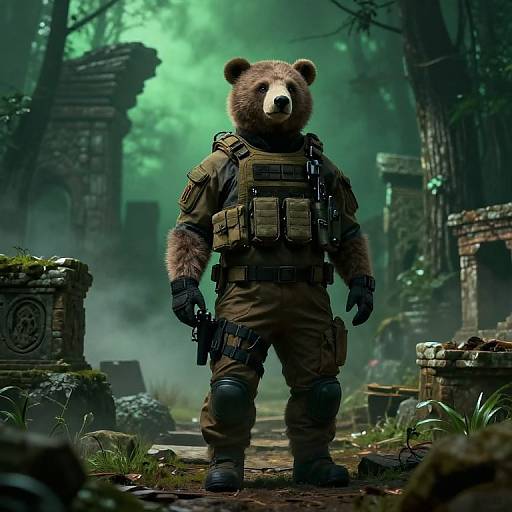 Digital artwork of a bear in military gear standing in a misty, ancient forest with ruins, holding a gun. Green, eerie ambiance.