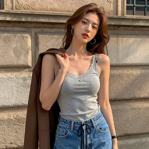 Young Woman in Gray Lace Tank Top and Jeans