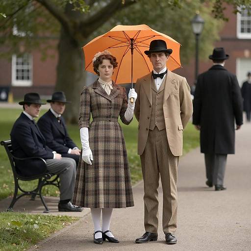 Victorian Era Couple in Park with Orange Parasol