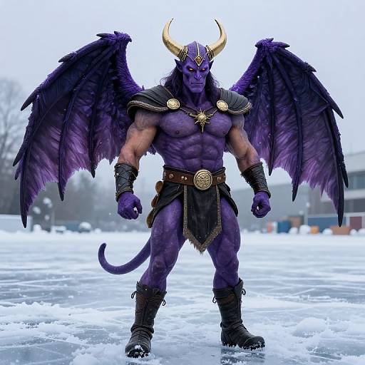 Digital artwork of a muscular, purple-skinned, horned demon with black wings standing on a snowy ice field, wearing dark armor and loincloth