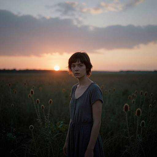 Photograph of a young woman with short, dark hair in a blue dress, standing in a field at sunset, with a colorful sky and silhou