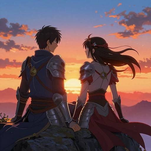 Anime-style drawing of a silhouetted couple in medieval armor watching a vibrant sunset from a rocky cliff, hands touching.