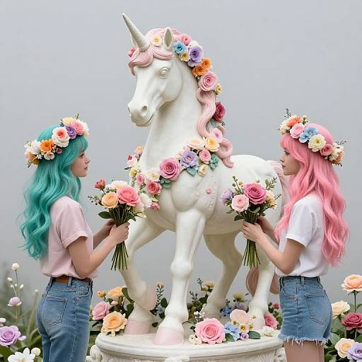 Photograph of two women with pastel hair, flower crowns, and denim shorts, decorating a white unicorn statue with colorful roses.
