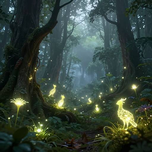 Mystical forest scene with glowing, ethereal deer-like creatures illuminating the dense, foggy woods, surrounded by lush greenery and towering trees