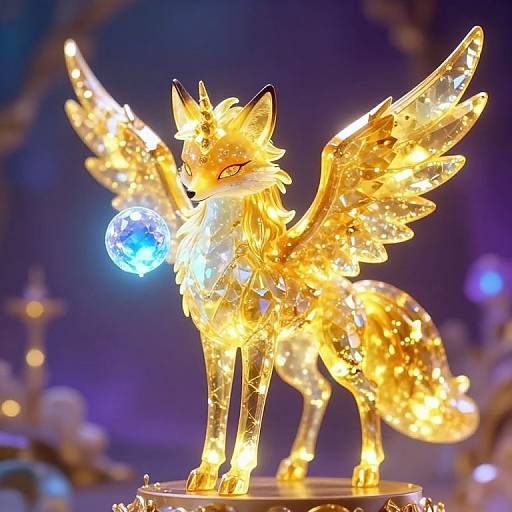 Glowing golden winged fox statue with a blue orb, illuminated against a blurred purple and blue background. Photographed close-up.