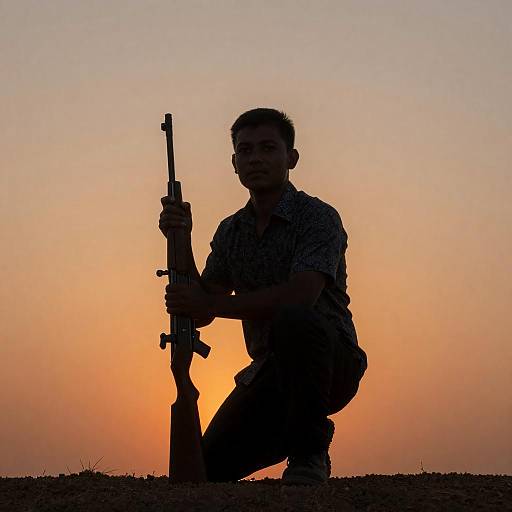 Silhouetted Man with Rifle at Sunset