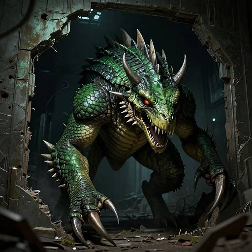 Digital CGI of a menacing, green-scaled dragon with sharp claws and horns, emerging through a dark, ruined, and debris-filled doorway.