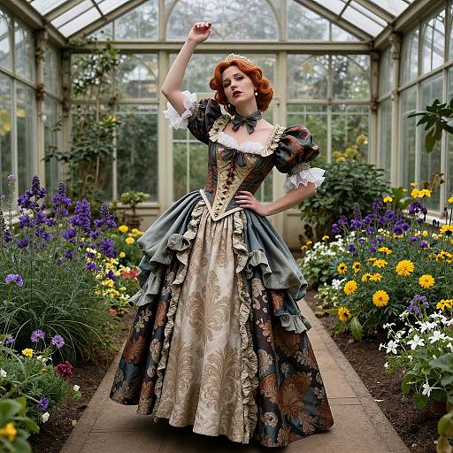 Photograph of a red-haired woman in an ornate, Victorian-style dress standing in a vibrant greenhouse garden, surrounded by colorful flowers.