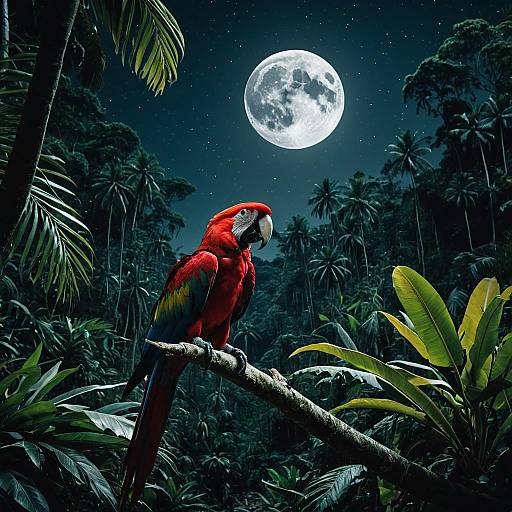 Crimson Macaw in Jungle at Night