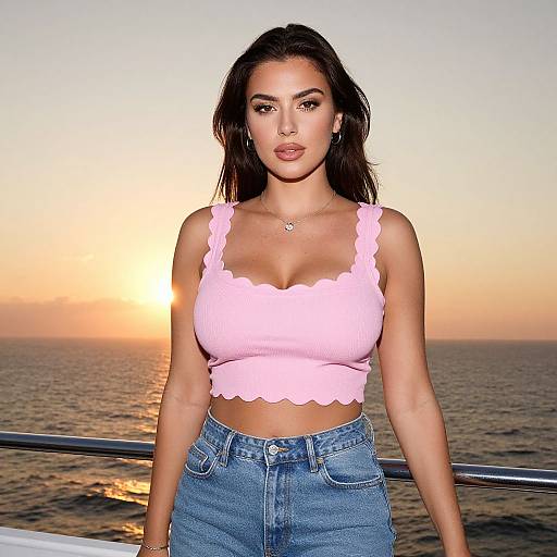 Photograph of a brunette woman with tanned skin, wearing a pink, scalloped tank top and high-waisted blue jeans, standing on