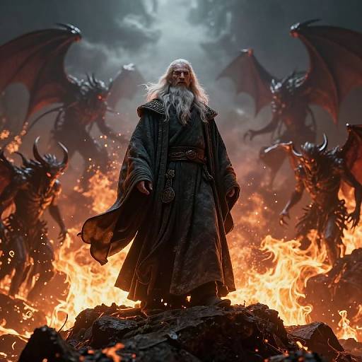 Digital artwork of a white-bearded, dark-robed wizard standing defiantly in front of blazing fire, surrounded by roaring, menacing demons with wings.