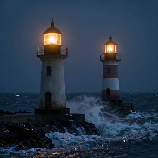 Photograph of two illuminated lighthouses standing in turbulent, dark blue ocean waves under a night sky with misty, hazy ambiance.