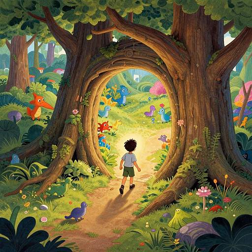 Digital illustration of a child in a white shirt and green shorts walking through a magical forest tunnel with colorful, whimsical creatures and vibrant plants. Sunlight