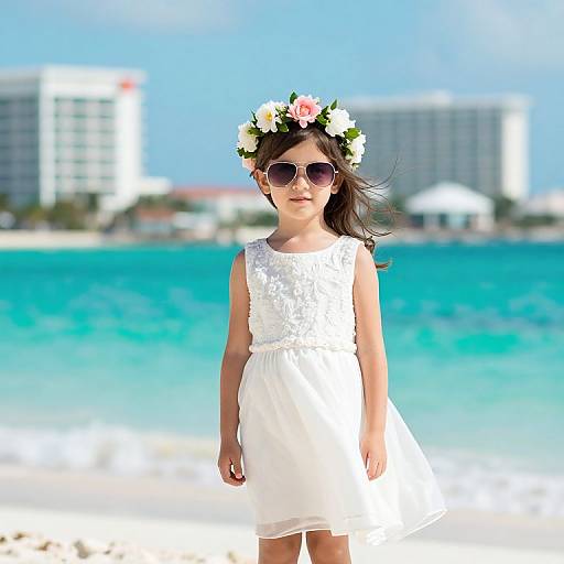 Photograph of a young girl with dark hair, wearing a white floral crown, white dress, and sunglasses, standing on a sunny beach with turquoise water