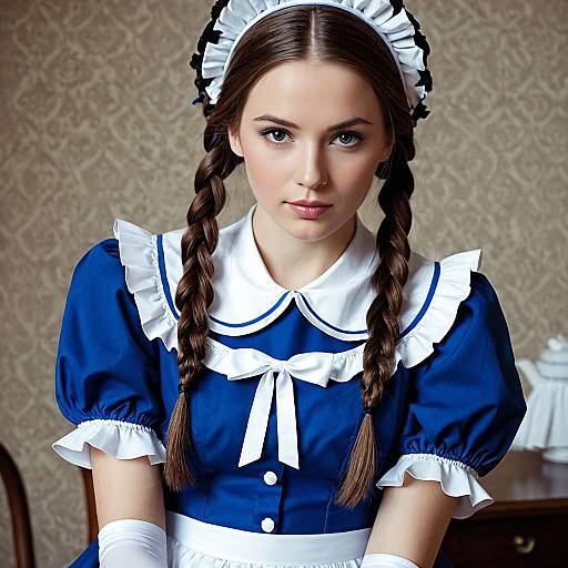 Young Woman in Blue Maid Outfit with Twin Braids