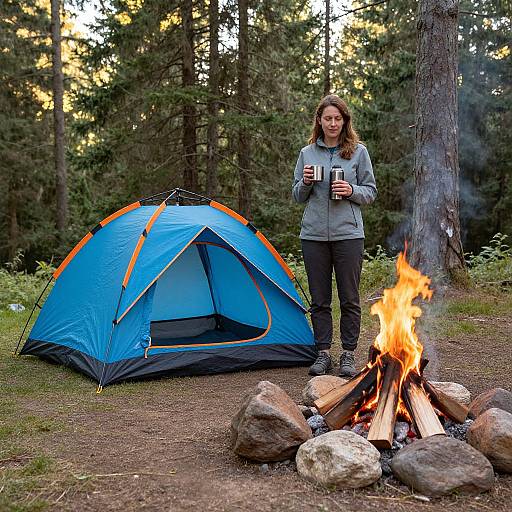 Photograph of a woman with long brown hair in a gray jacket and black pants, standing by a blue and orange camping tent, holding a mug,