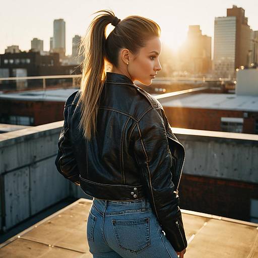 Fashion Model with Voluminous Ponytail on Urban Rooftop