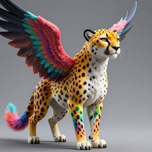 CGI fantasy cheetah with vibrant, multicolored wings and tail, standing on a gray background. Feathers transition from red to blue and