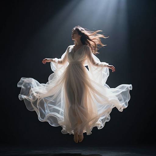 Photograph of a woman in a flowing, white, ethereal dress, illuminated by a beam of light, floating gracefully against a dark background, her