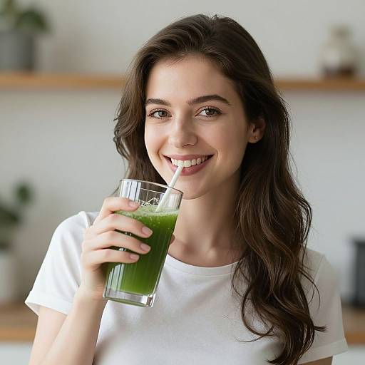 Smiling Woman Drinking Green Juice