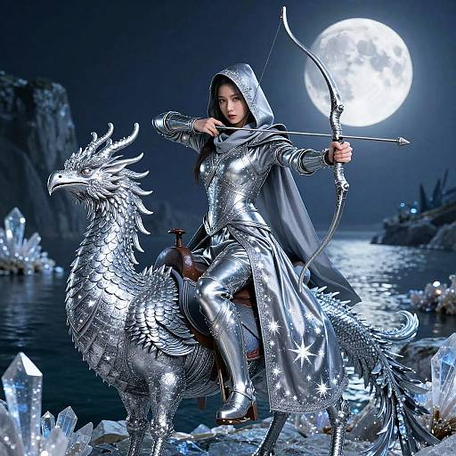 Photorealistic digital art of a silver-armored archer with hood, drawing a bow on a silver dragon, under a full moon.