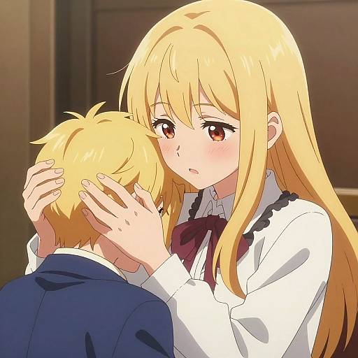 Anime-style digital illustration of a blonde girl with long hair and red eyes gently touching the head of a blonde boy with short hair, both blushing,