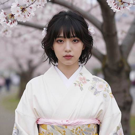 Photograph of an East Asian woman with short black hair, wearing a white floral kimono with pink obi, standing under cherry blossom branches. Background