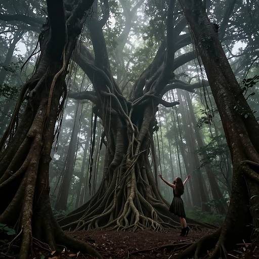 Photograph of a person with arms raised, standing before a massive, ancient tree with thick, sprawling roots in a misty forest. Tall trees and