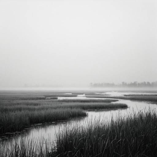 Serene Foggy Marshlands in Monochrome